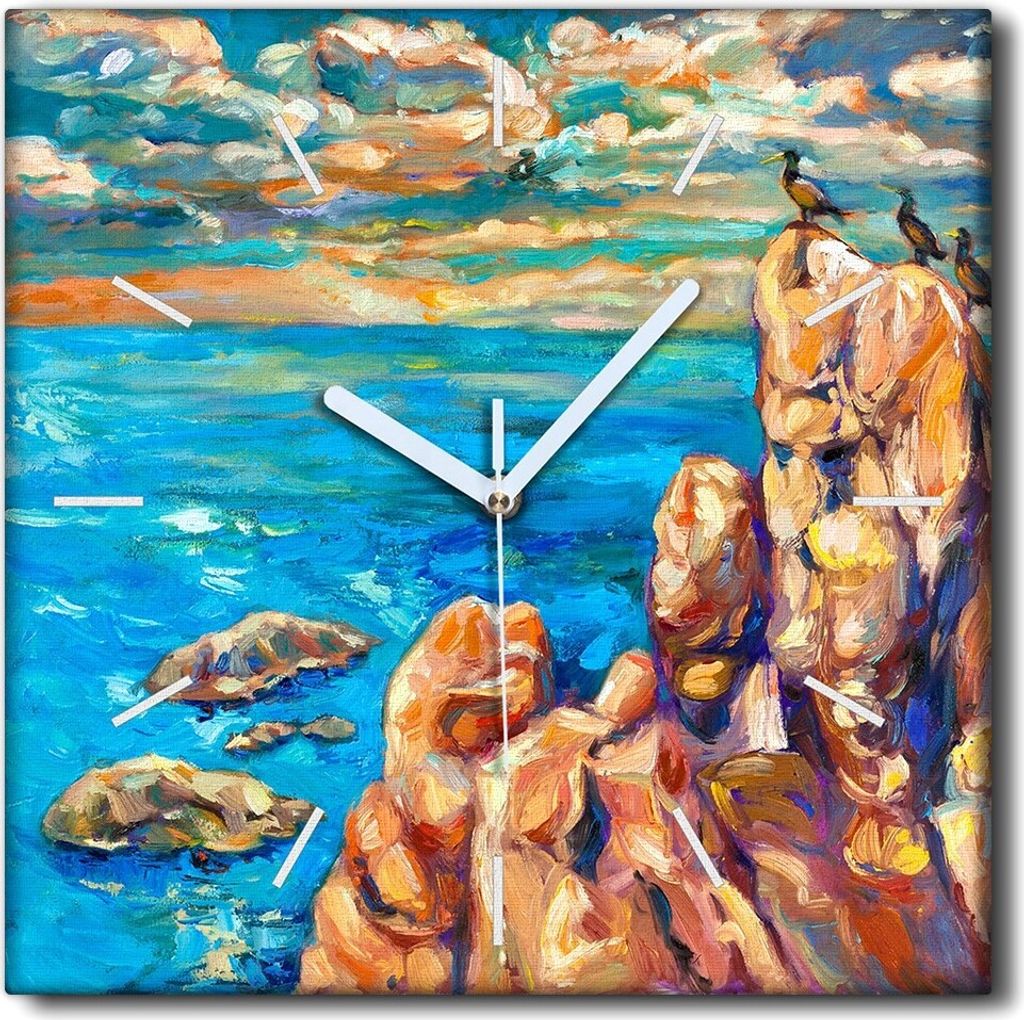Coloray Uhr auf Leinwand 30x30 cm Wand Uhr Dekoration Wohnzimmer Segeltuch weiße Zeiger -Steine Vögel Meer.