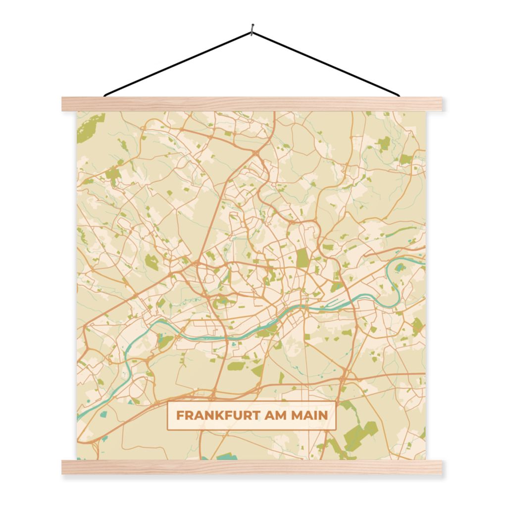 MuchoWow Textilposter Frankfurt am Main - Karte - Vintage - Stadtplan 120x120 cm mit holzfarbenen Rahmen - Textil-Poster