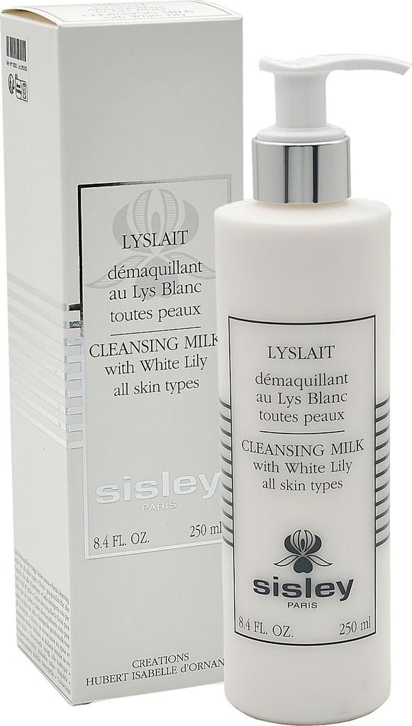 A product shot of a Sisley LYSLAIT Cleansing Milk bottle and its packaging.