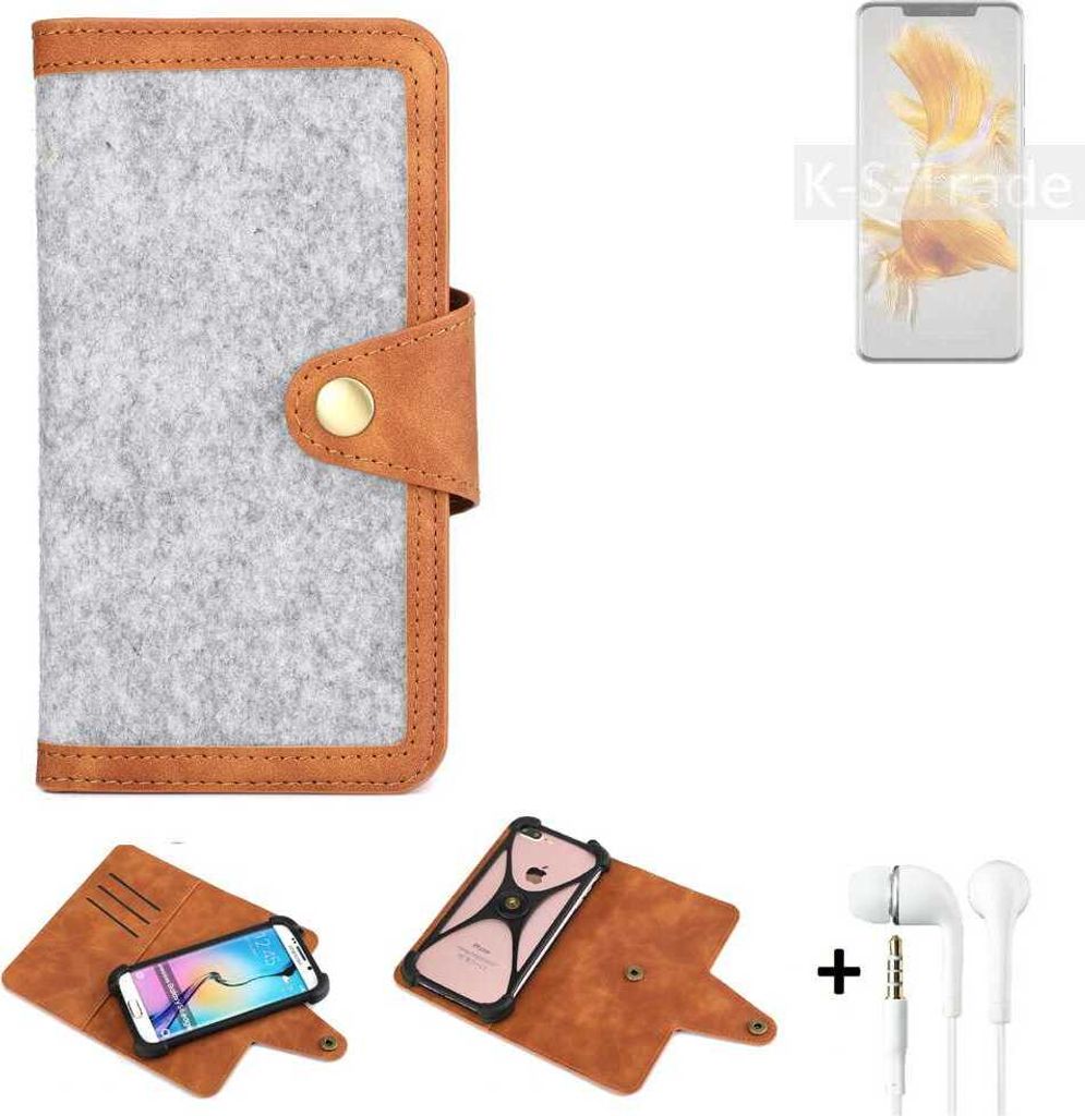 K-S-Trade Handyhülle + Kopfhörer kompatibel mit Huawei Mate 50 Pro Schutzhülle Filz Hülle Kunstleder hellgrau braun (1x)