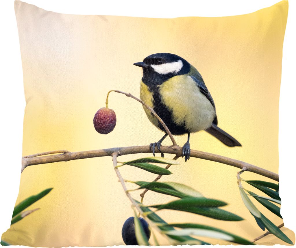 MuchoWow Zierkissen Sofakissen Wohnzimmer Dekokissen 40x40 cm Vogel auf einem Zweig mit einer Beere - Foto Kissen - Schlafzimmer Dekoration