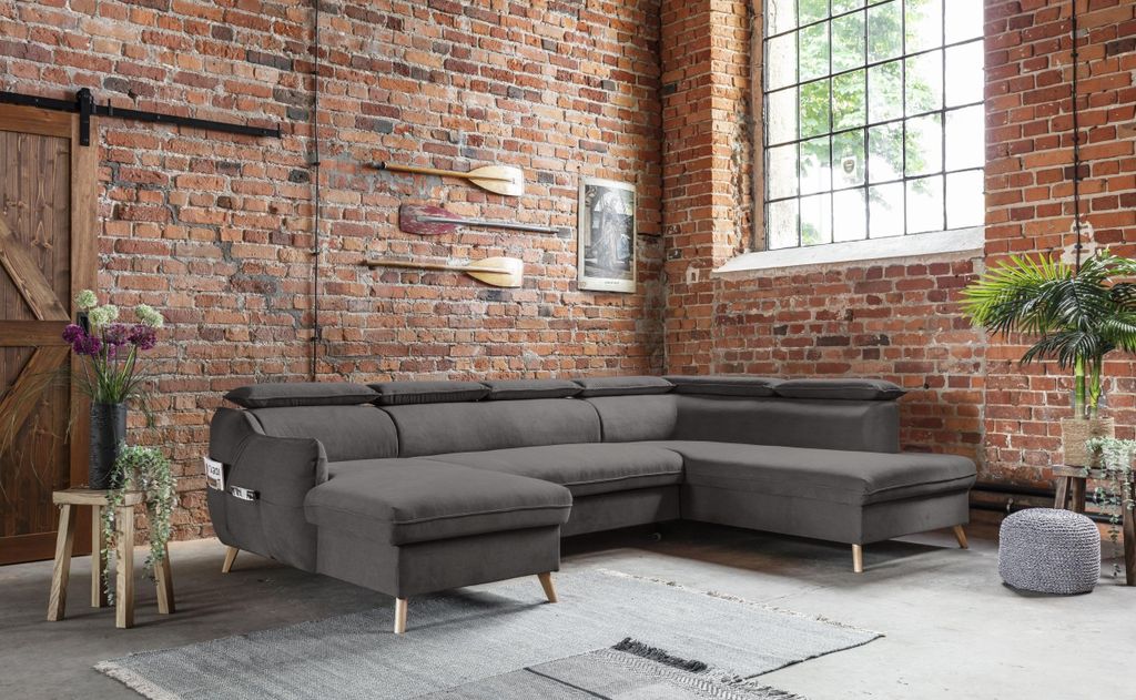MIUFORM Sweet Harmony - Ecksofa mit Bettfunktion und Bettkasten U-FORM RECHTS - 321x208cm - Velours Dunkelgrau - Sofa Schlafsofa Couch