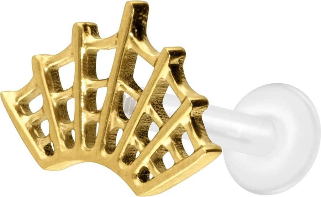 Ohrpiercing, Nasenpiercing PTFE Labret mit Innengewinde + Titan-Aufsatz SPINNENNETZ Gold Stablänge: 10mm | Stabstärke: 1,6mm