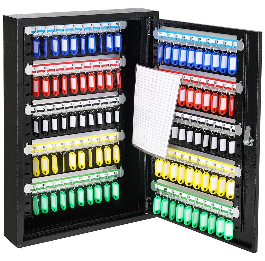 Schlüsselschrank aus Stahl mit 100 Haken, abschließbar, HMF, 55x38x8 cm, Schwarz