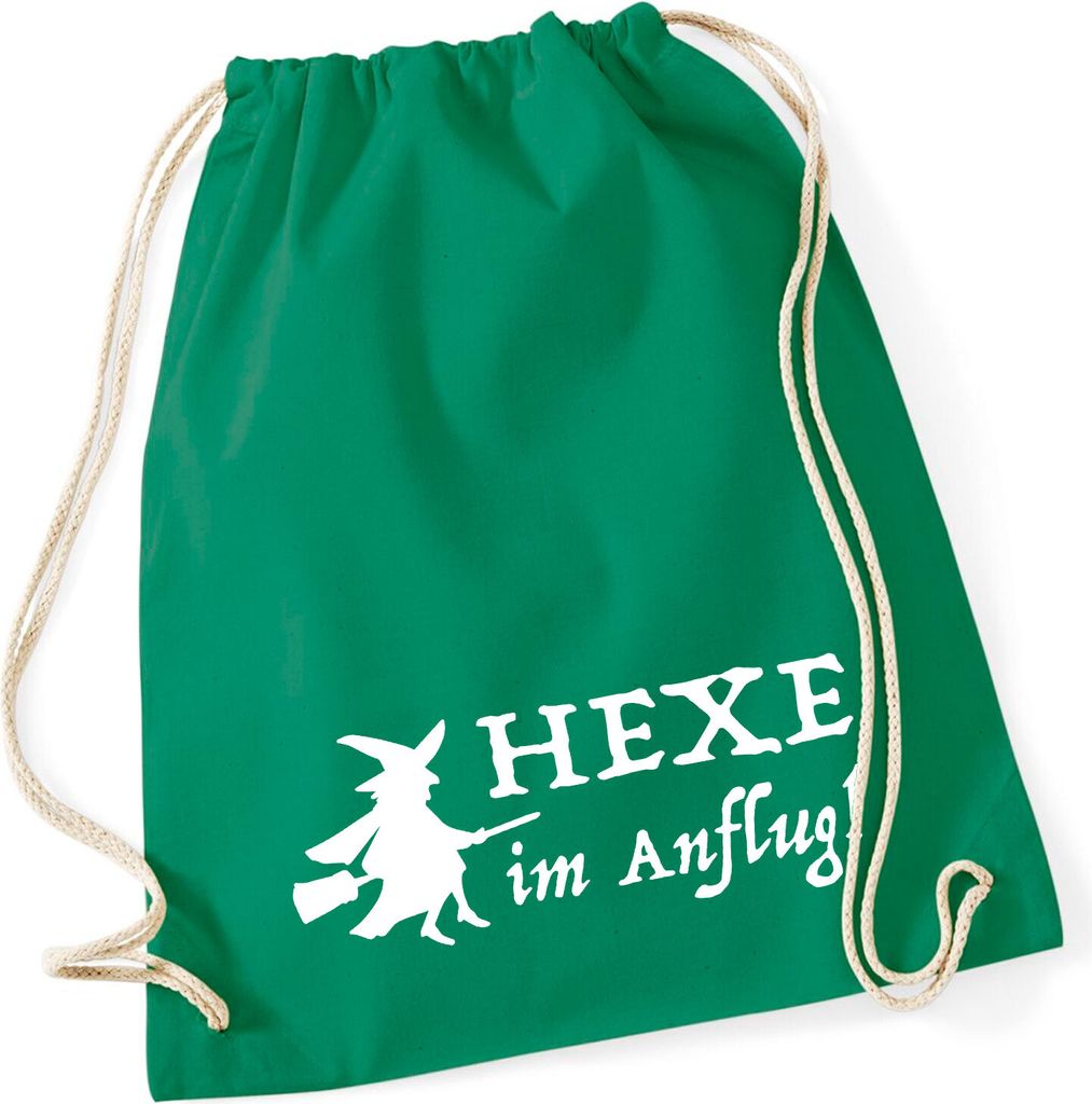 Huuraa Turnbeutel Hexe im Anflug 12 Liter Kelly Green Baumwolle Rucksack Geschenkidee