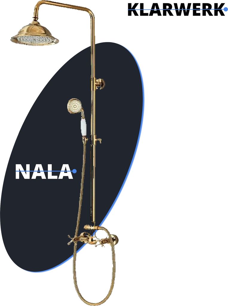 NALA | Vintage Regendusche Set Gold glänzend Edelstahl | Retro Design Duscharmatur Duschsystem | Mischbatterie Dusche komplett mit Handbrause