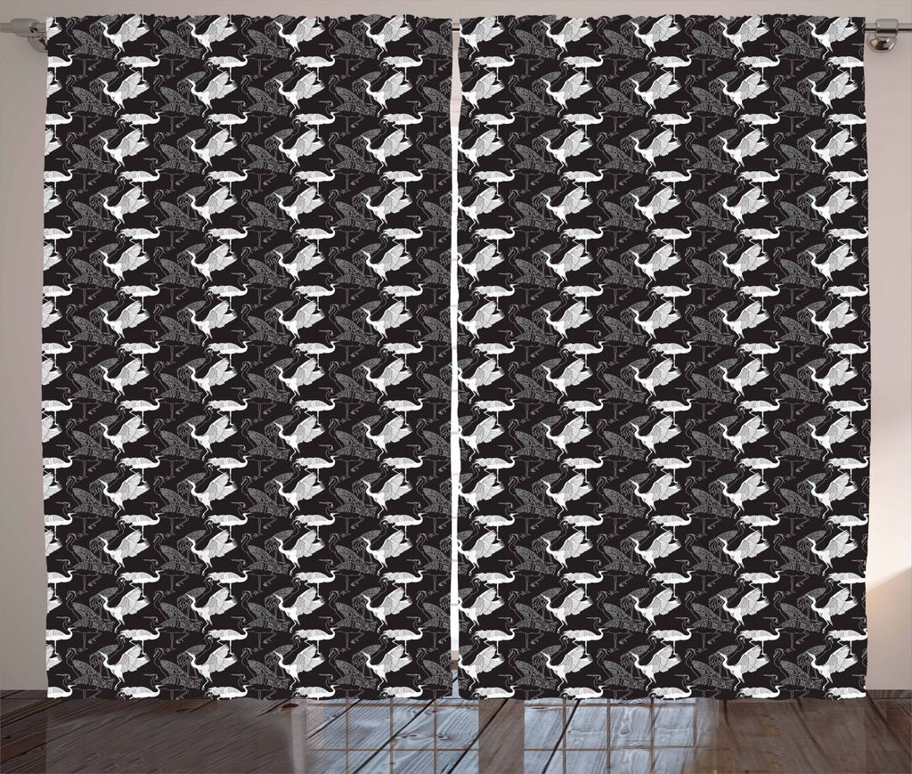 ABAKUHAUS Kran Rustikaler Vorhang, Vogel-Muster, Wohnzimmer Universalband Gardinen mit Schlaufen und Haken, 280 x 175 cm, Schwarz und weiß