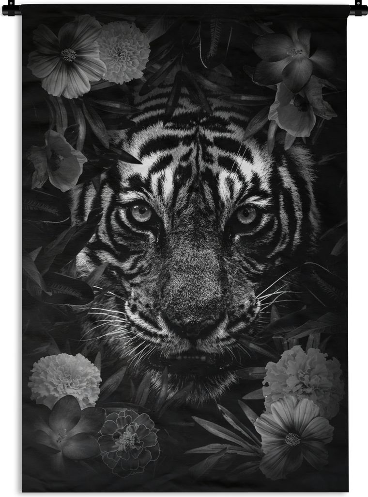 MuchoWow Wandteppich Wandbehang Tiger zwischen den Blumen - schwarz und weiß 60x90 cm Tapisserie Dekoration Wandtuch - Foto-Teppich - Abwaschbar