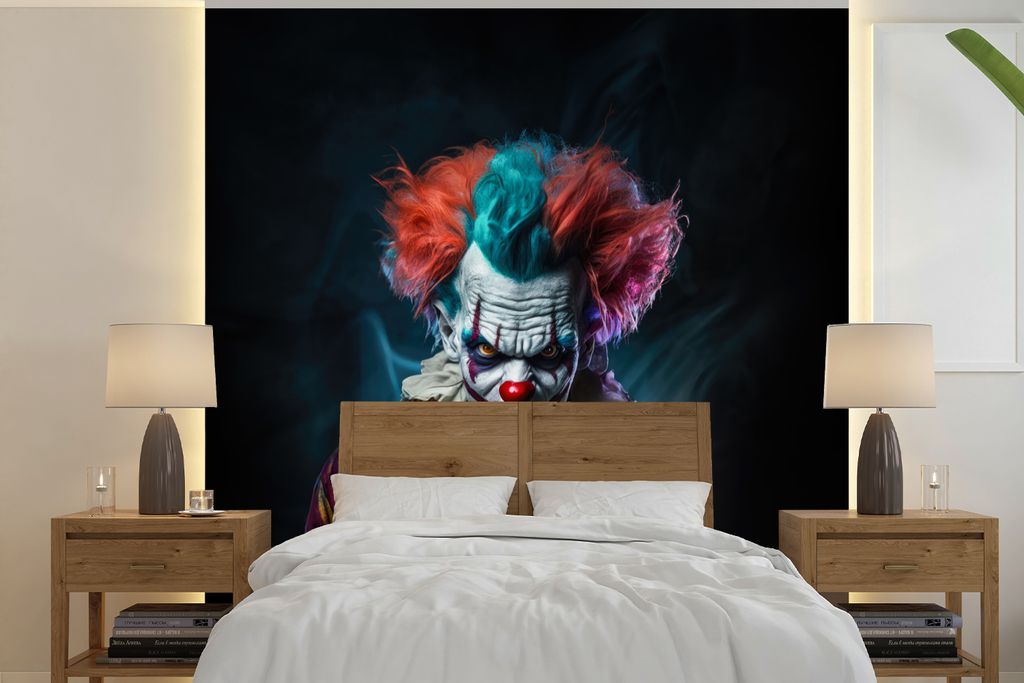 MuchoWow Fototapete für Wohnzimmer oder Schlafzimmer Wandtapete Vinyl Motivtapete Clown - Make-up - Kostüm - Porträt - Horror - 300x300 cm - W...