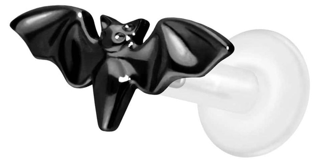 Ohrpiercing, Nasenpiercing PTFE Labret mit Innengewinde + Titan-Aufsatz FLEDERMAUS Schwarz Stablänge: 8mm | Stabstärke: 1,6mm