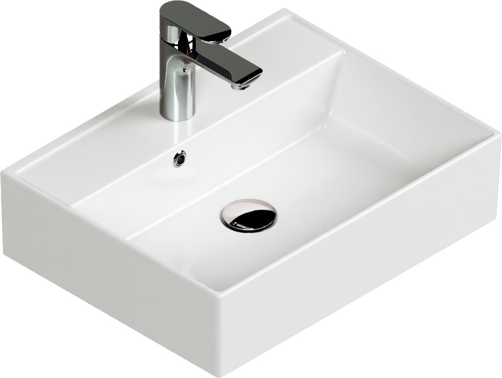 Aqua Bagno Basic Design Waschbecken Plan Aufsatz-Waschbecken Eckig Waschtisch Aufsatzbecken Keramik Weiß 50 x 38 x 13 cm