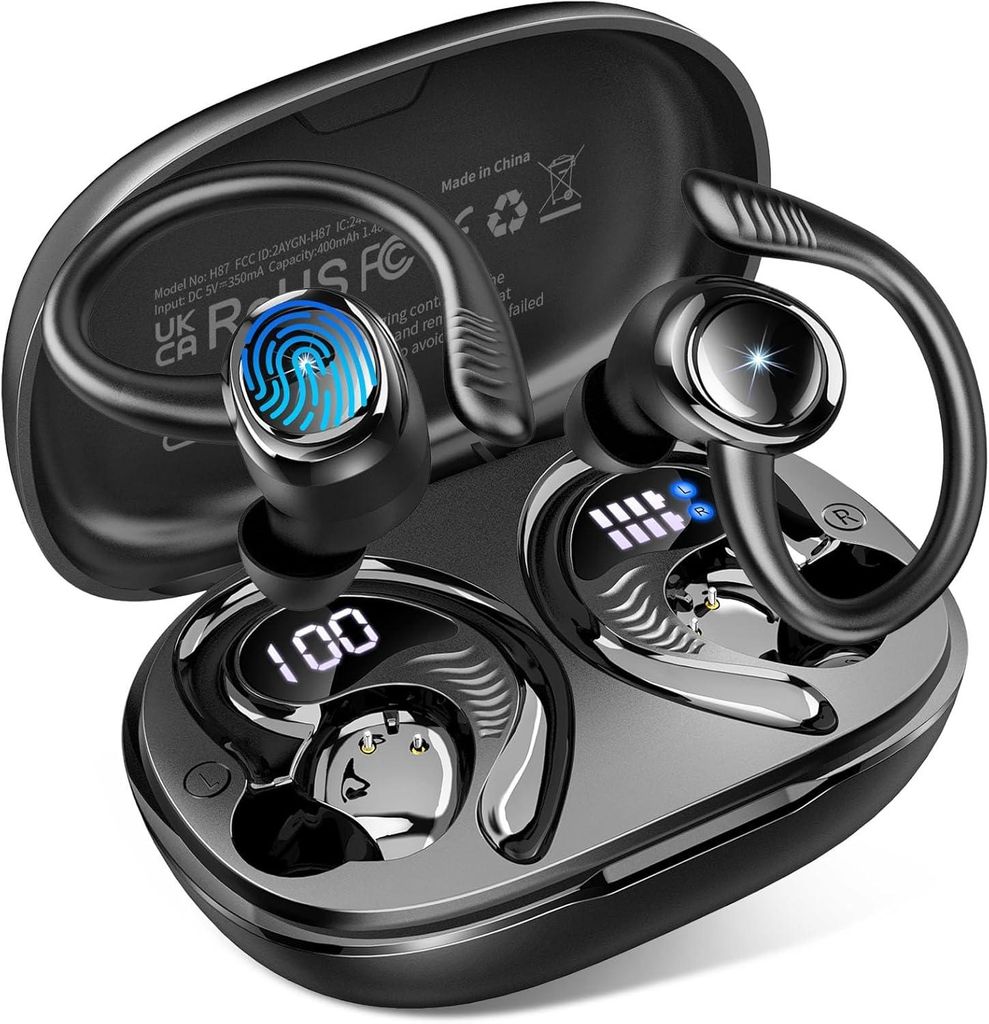 Bluetooth 5.4 Sport Kopfhörer Kabellos In Ear mit Ohrhaken 50h Akku ENC 4 Mikrofone HiFi Stereo IPX7 wasserdicht LED Display USB-C