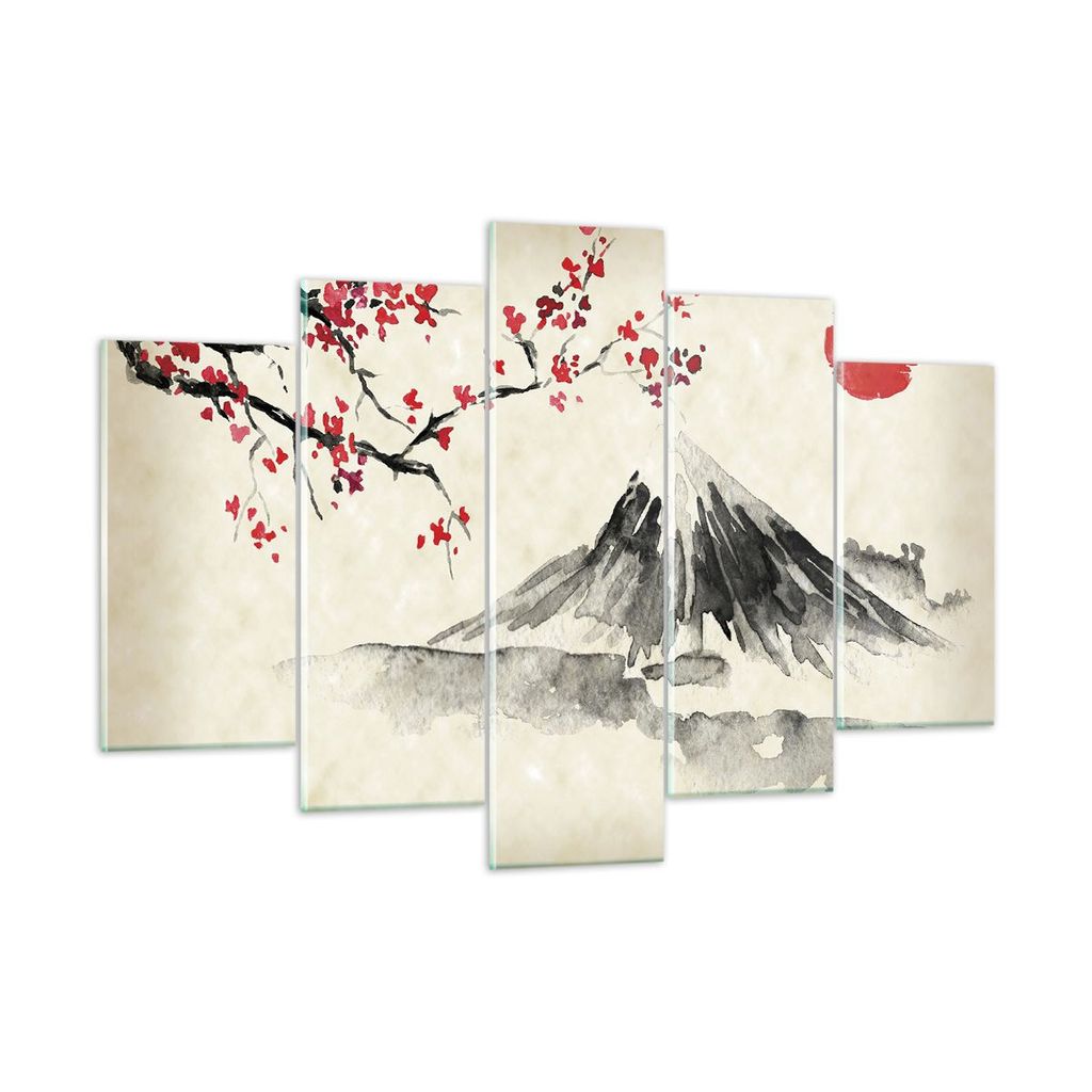 Bilder auf glas - 5 Teile - Aquarell asiatisch Landschaft - 150x100cm - Glasbilder - Wandbilder - Bilder - Wanddekoration aus Glas - Glas Bilder - ...