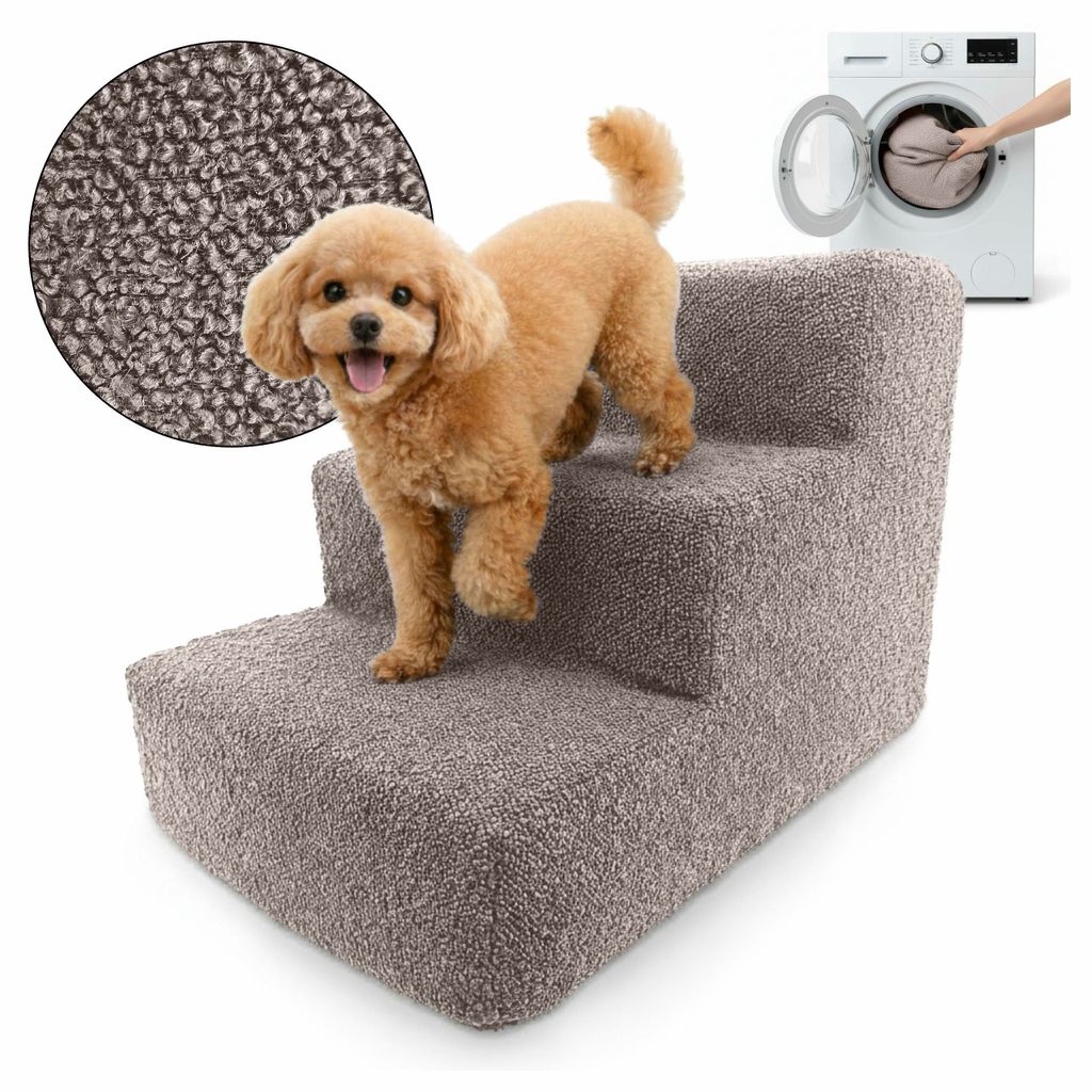 Muralo Treppe für Hund und Katze Rampe HUNDTREPPE Treppe für Haustiere 3 Stufen Grau Bouclé Stoff