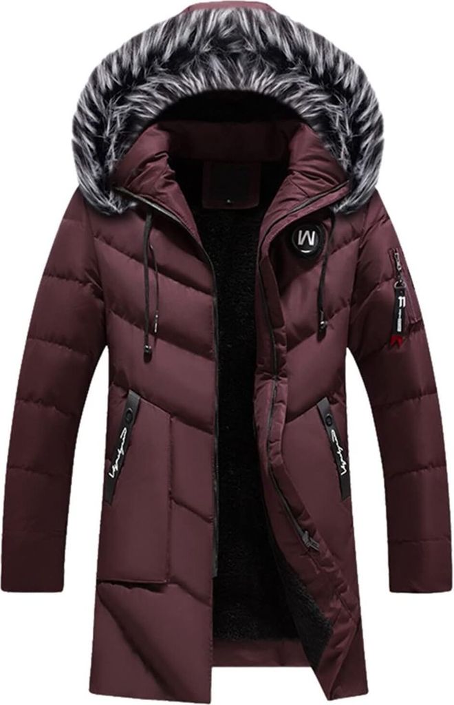 ASKSA Herren Winterparka Dicke Warme Winterjacke Maenner Winddicht Casual Oberbekleidung Mittellanger Mantel Parka Winterjacke, Weinrot,L