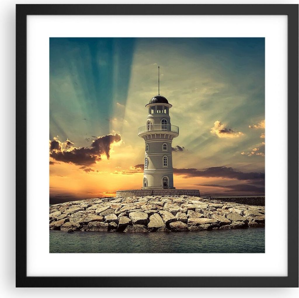 Gerahmtes Poster - Schwarzer Rahmen - Leuchtturm Wasser Meer Steine - 40x40 cm - Wand Bild - Wanddeko - Wandbilder - Wandposter - Bilderrahmen - Bi...