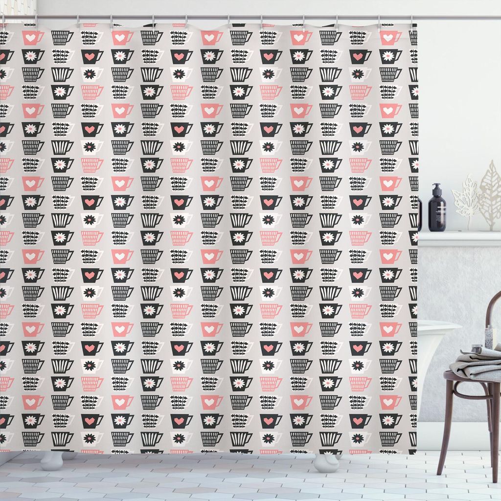 ABAKUHAUS skandinavisch Duschvorhang, Mitte Jahrhundert Cups mit Blumen und geometrischen Muster, 175 x 200 cm, Charcoal Grey Pale Pink