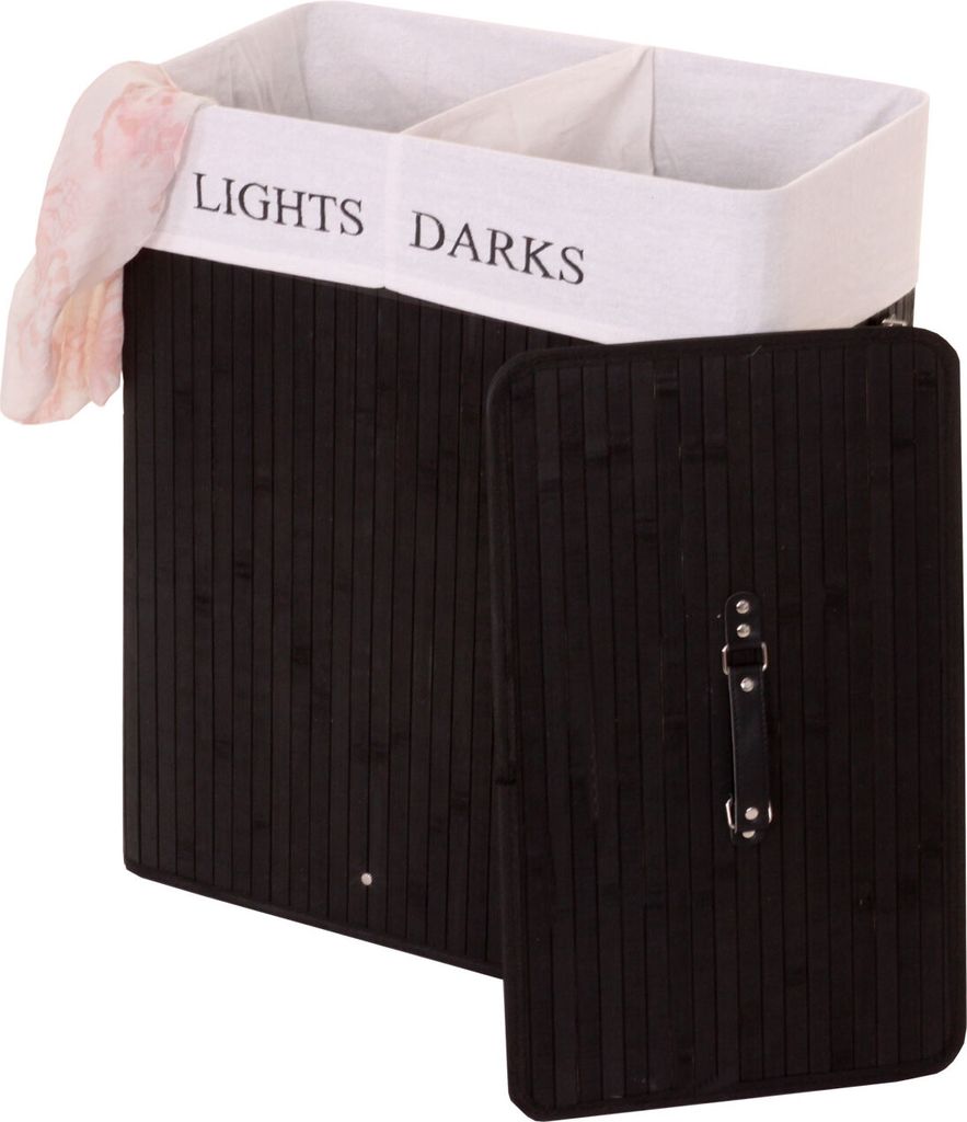 Wäschekorb MCW-C21, Laundry Wäschebox Wäschesammler Wäschebehälter, Bambus 2 Fächer 63x55x34cm 100l schwarz