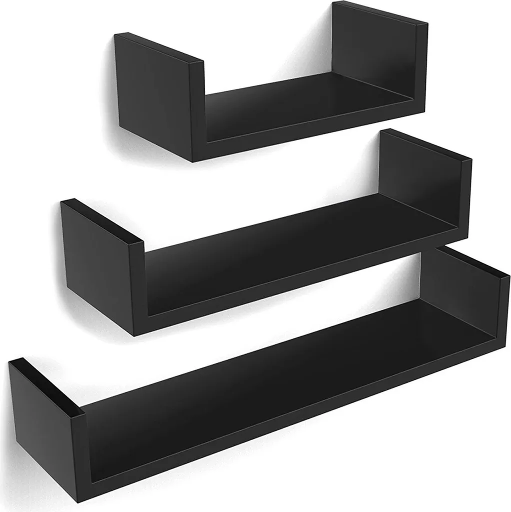 Lot de 3 tablettes murales noires en U décoratives pour rangement