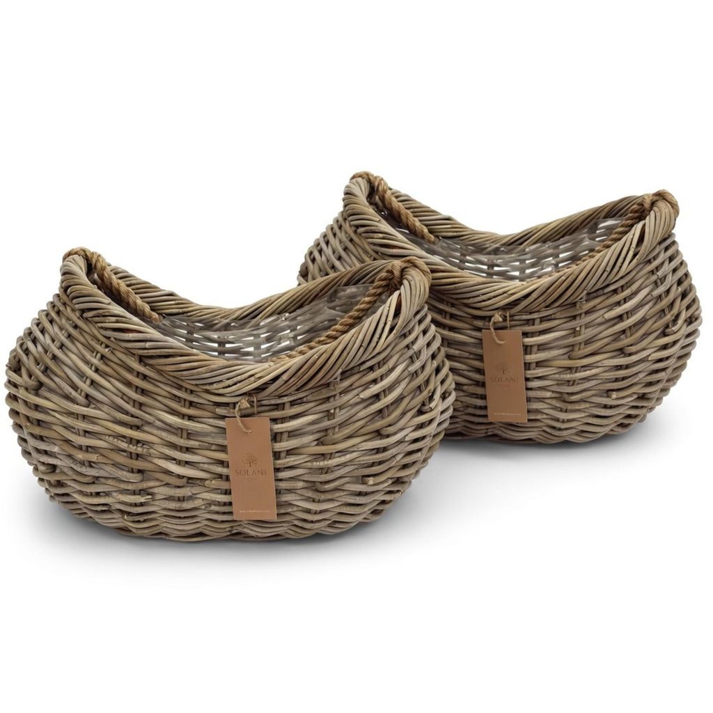 Rattan Pflanzkorb 2er Set Kubu Grau – mit Folie, groß – BLOOM | Solani Home