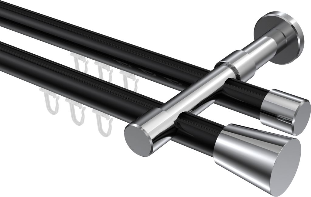 Interdeco Innenlaufstange / Gardinenstange mit Innenlauf Schwarz / Chrom, Typ Prestige Sitra (Konus), 20 mm Ø 2-läufig, 140 cm