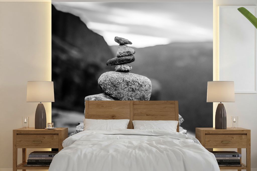 MuchoWow Fototapete für Wohnzimmer oder Schlafzimmer Wandtapete Vinyl Motivtapete Balancierende Steine in Norwegen - 300x300 cm - Wanddekoration