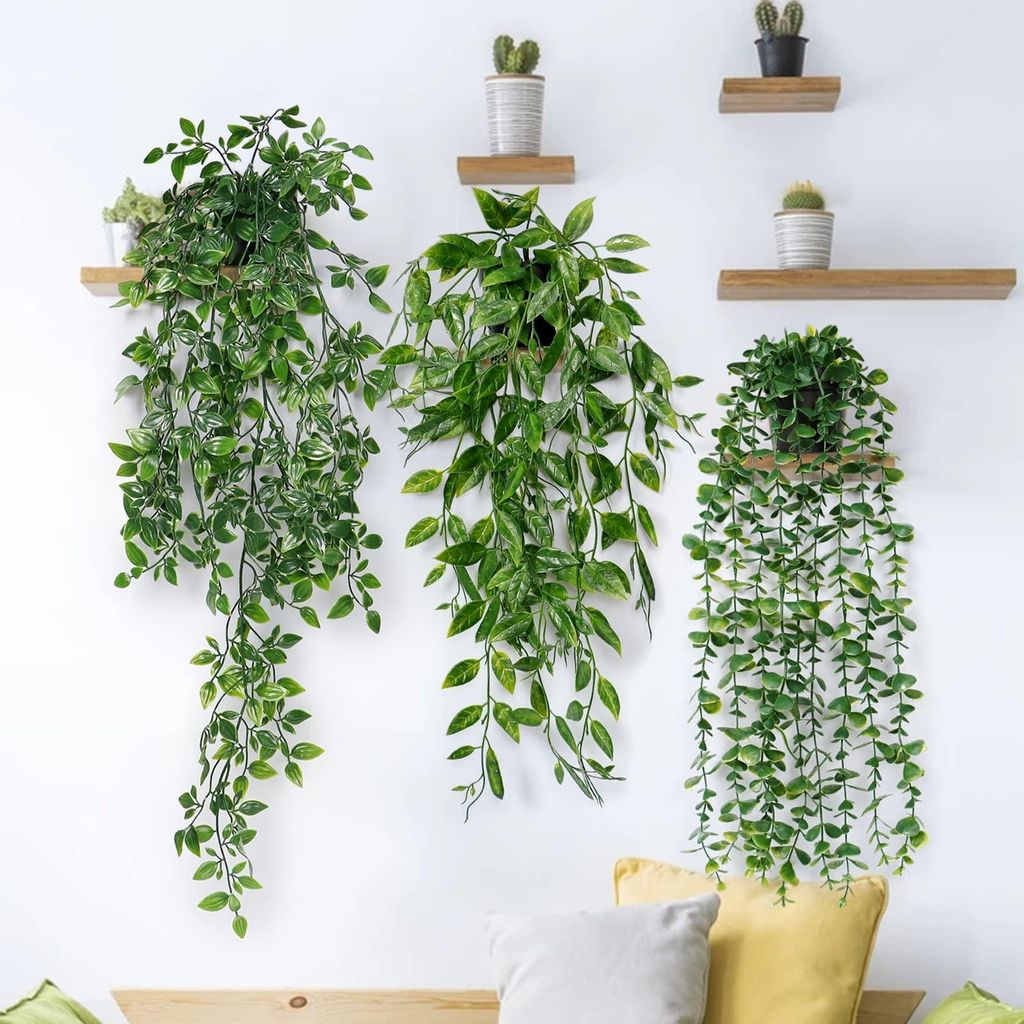 3 künstliche hängende Eukalyptuspflanzen mit Töpfen, 63 cm lang, pflegeleichte künstliche Kletterpflanze für Zuhause, Garten, Innen- und Auße...