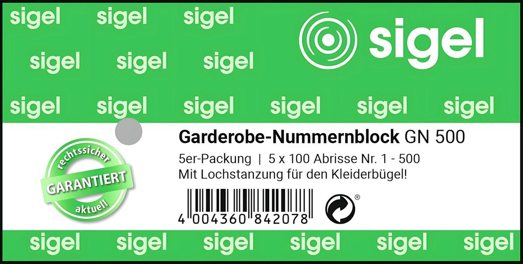 SIGEL GN500 Garderobe-Nummernblock, 5er-Pack, nummeriert Produktbild 