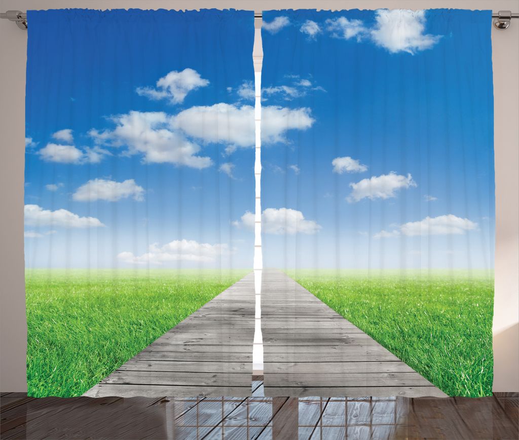 ABAKUHAUS Natur Rustikaler Vorhang, Wiese Land Pfad, Wohnzimmer Universalband Gardinen mit Schlaufen und Haken, 280 x 175 cm, Grün braun Braun Blau