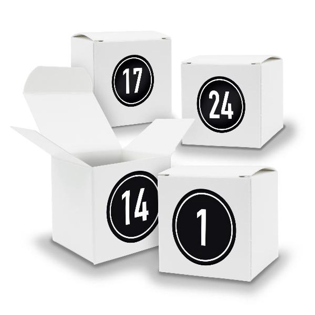 Adventskalender zum Füllen 24x Würfel 6,5cm WEISS + Sticker V04 Z08