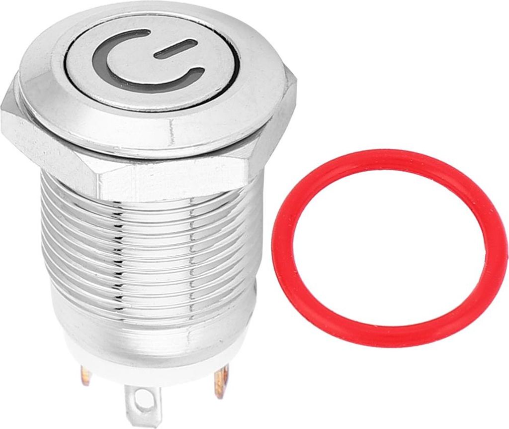 12-mm-Metall-Tastenschalter mit Betriebssymbol, weißer LED-Beleuchtung, Selbstrückstellung, 1 Schließer (24 V)