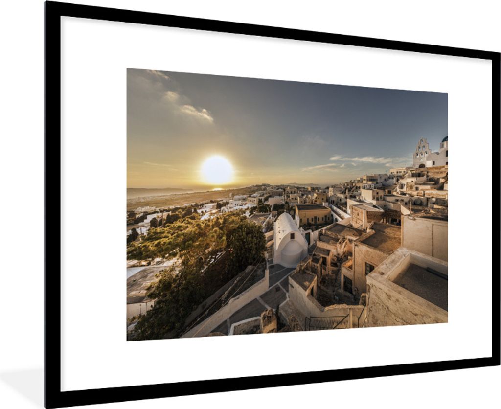 MuchoWow Gerahmtes Poster Sonnenuntergang über Pyrgos Santorini 90x60 cm - Poster mit Schwarzem Bilderrahmen Wandposter Rahmen Foto Bilder - Wan...