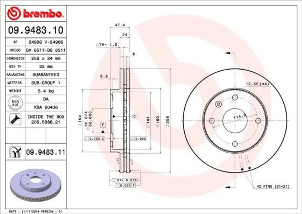Disque de frein Brembo 09.9483.11 pour Epica Lacetti et Rezzo