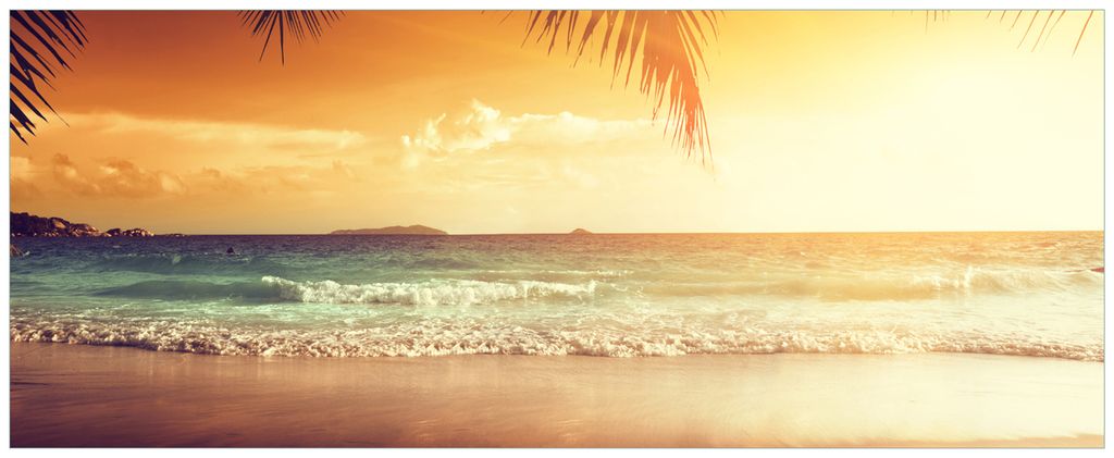 Wallario Premium Glasbild, freischwebende Optik, kräftige Farben, Größe 125 x 50 cm Motiv Sonnenuntergang am Strand in der Karibik
