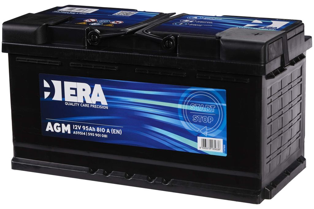 A black car battery with a blue and white label.