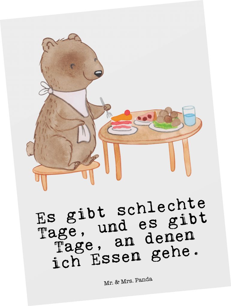Mr. & Mrs. Panda Postkarte Bär Essen gehen - Weiß - Geschenk, Postkarten, bildkarte, spruchkarte, Ansichtskarte, Grußkarte, Restaurantbesuch, Re...