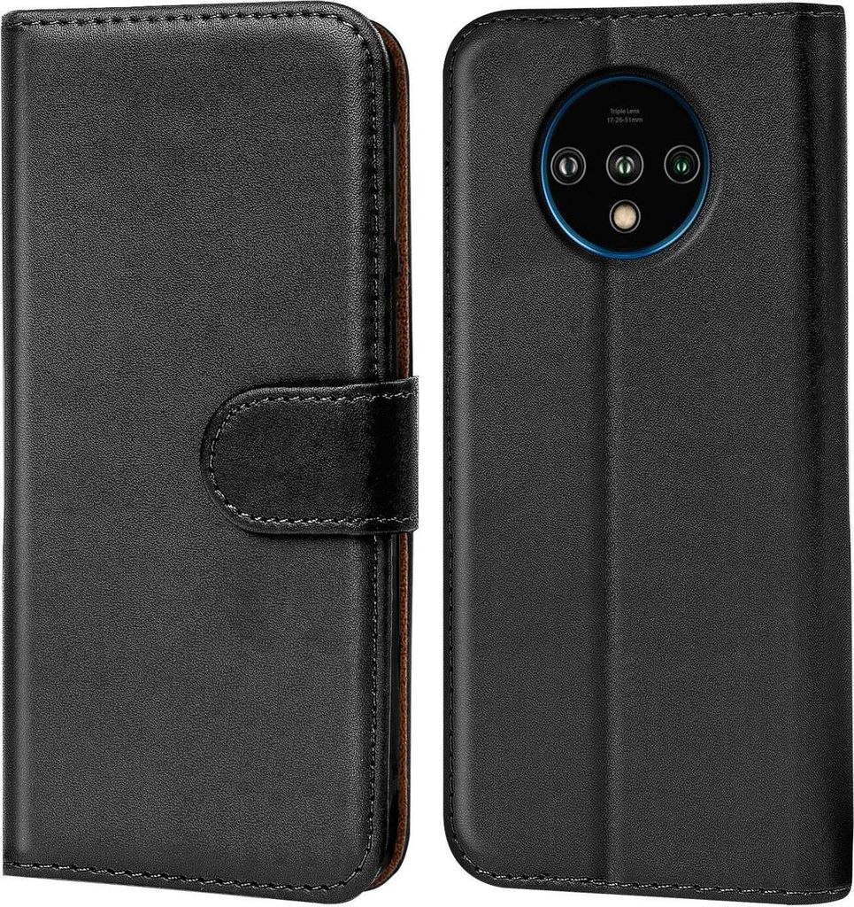 Conie Klapp Tasche für OnePlus 7T Kartenfach Rundumschutz Hülle in Schwarz