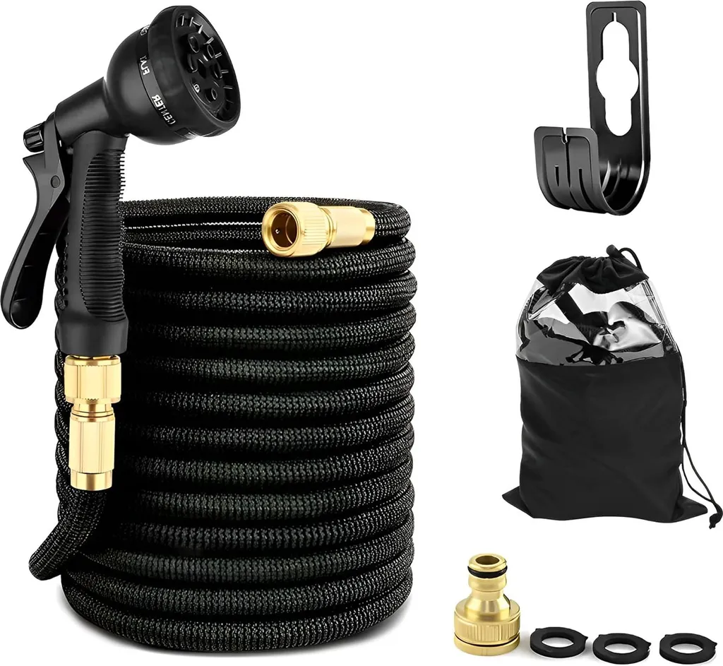 Tuyau d'arrosage extensible 15m avec pistolet 8 modes et sac de transport