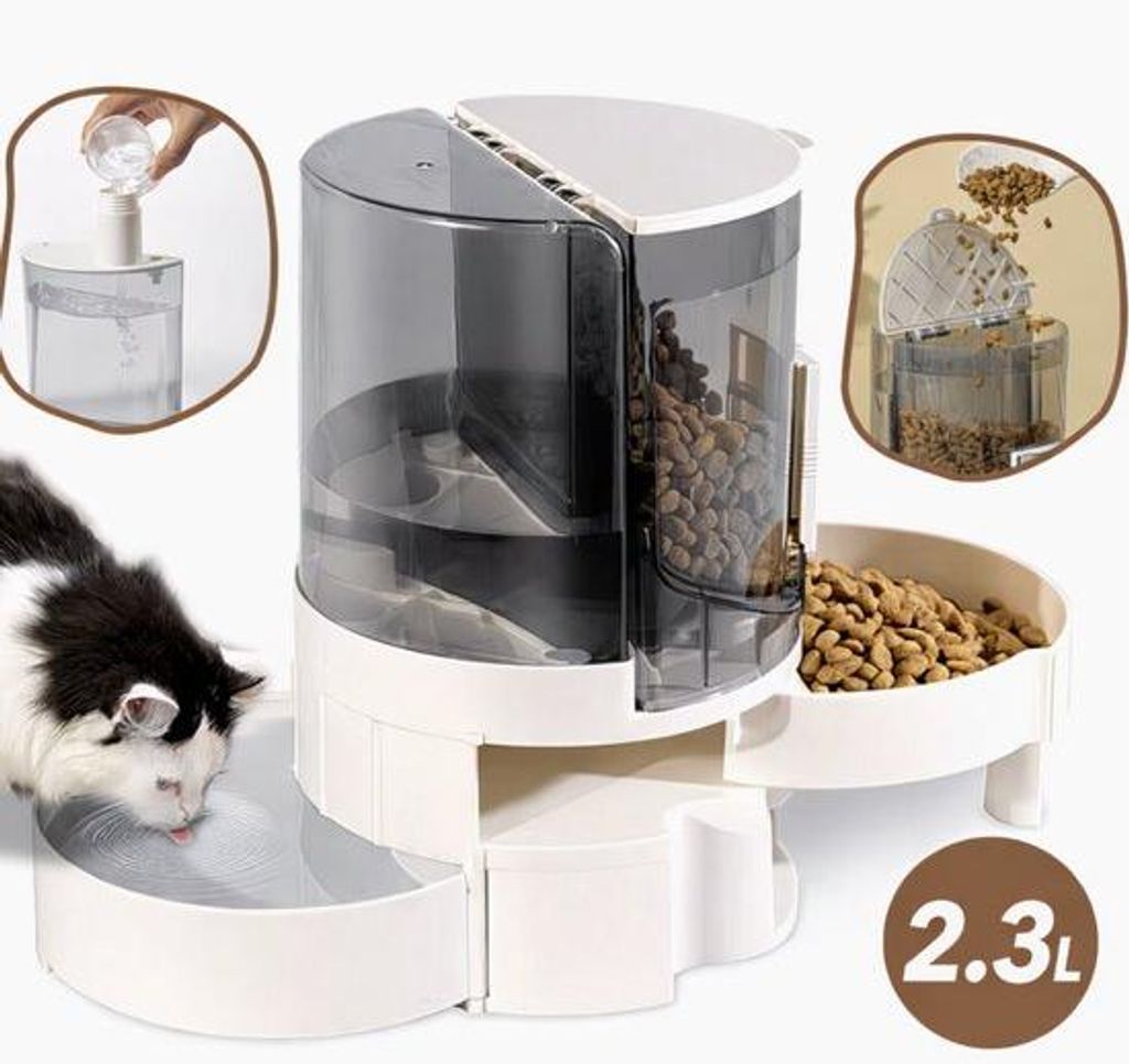 Automatisches 2-in-1 Futter- und Trinkwassersystem für Hunde und Katzen – Automatische Futterverteilung mit Wasserbehälter – Schwerkraft-Pet-...