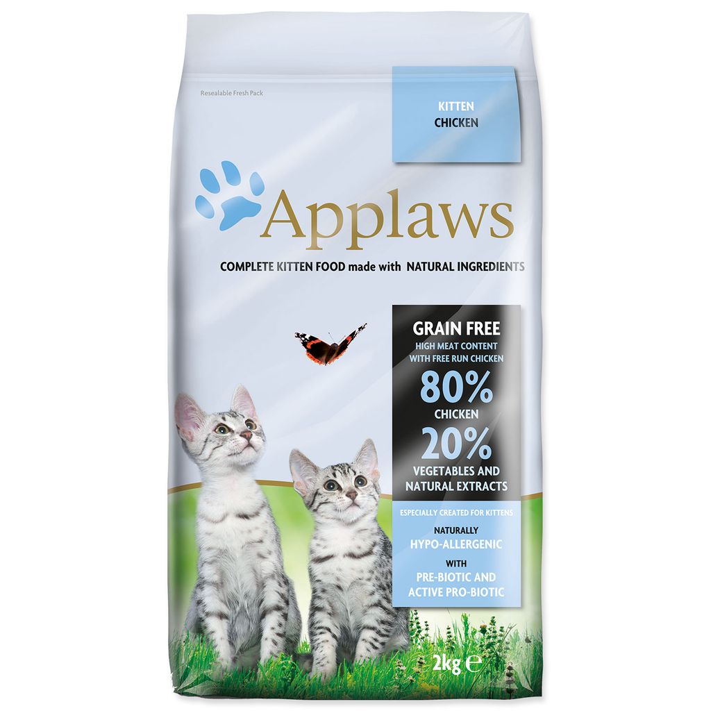 A bag of Applaws kitten food with images of kittens and grass.