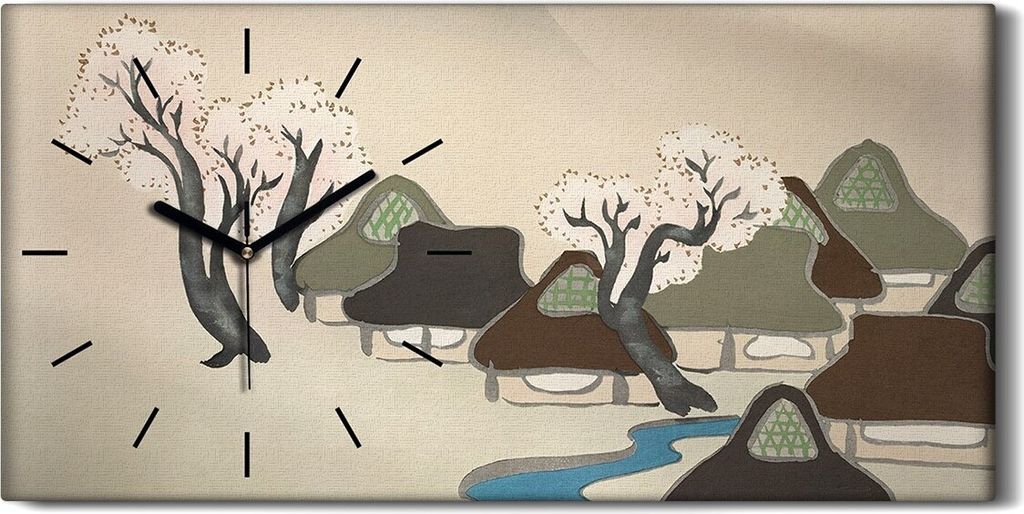 Wandkunst Leinwand Bild Uhr 60x30 Malerei Abstrakte Kunst Asiatische Dorf Bäume - schwarze Hände
