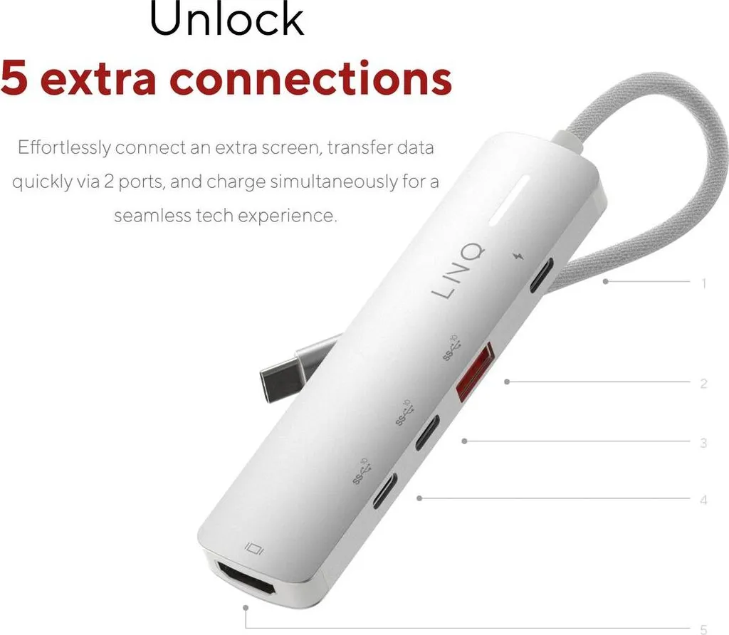 Hub USB-A 4 Ports Linq Byelements LQ49051 - Design Compact Blanc/Gris - 5