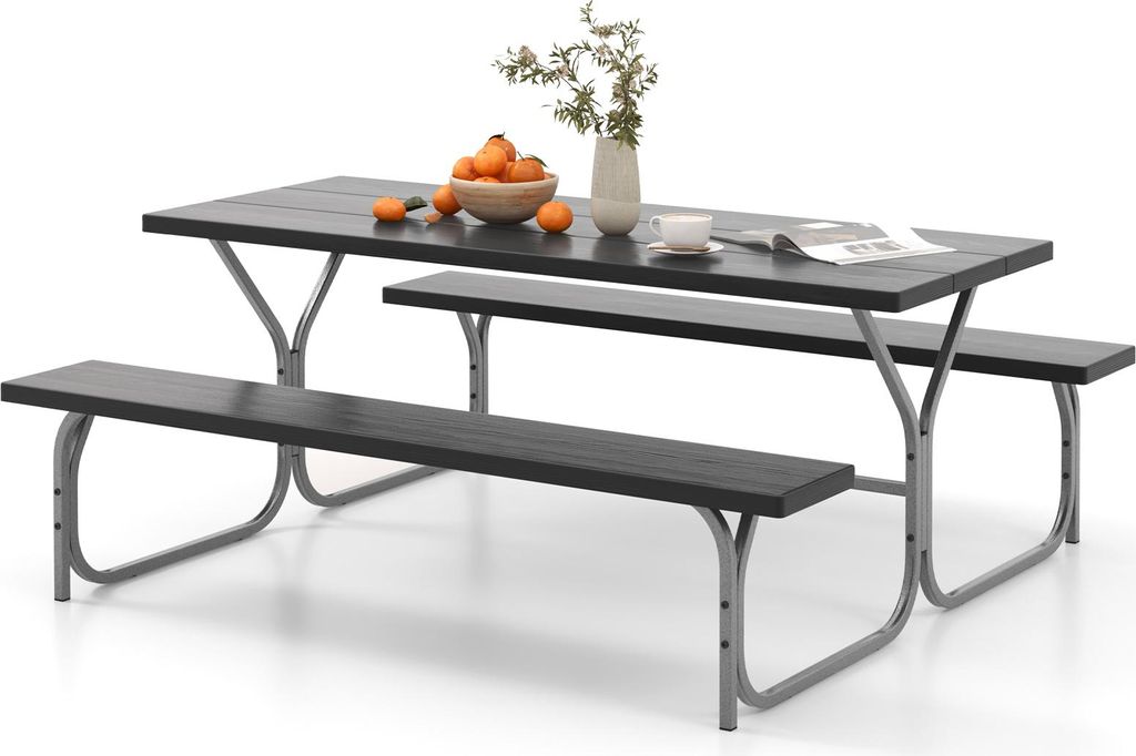 Set aus Picknicktisch & Bänken für 8 Personen, Outdoor-Campingmöbel mit Metallrahmen, wetterfester Tischplatte & Schirmloch, Gartentisch mit Sitzen