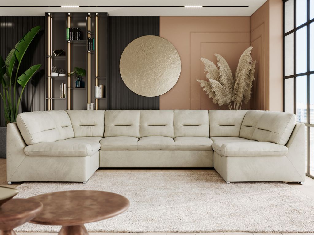 Sofa XXL U-Form Beige, Wohnlandschaft U Form mit Schlaffunktion, Sofa mit Schlaffunktion, Schlafsofa, Wohnzimmer Couch mit schlaffunktion - Comodo ...