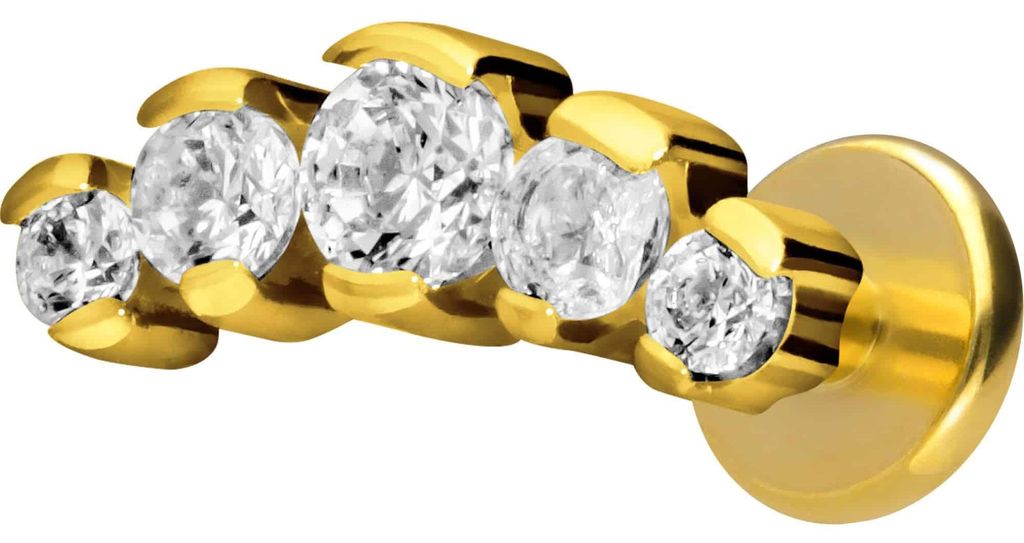 Ohrpiercing, Nasenpiercing Titan Labret mit Innengewinde 5 EINGEFASSTE KRISTALLE Gold Stablänge: 7mm | Stabstärke: 1,6mm