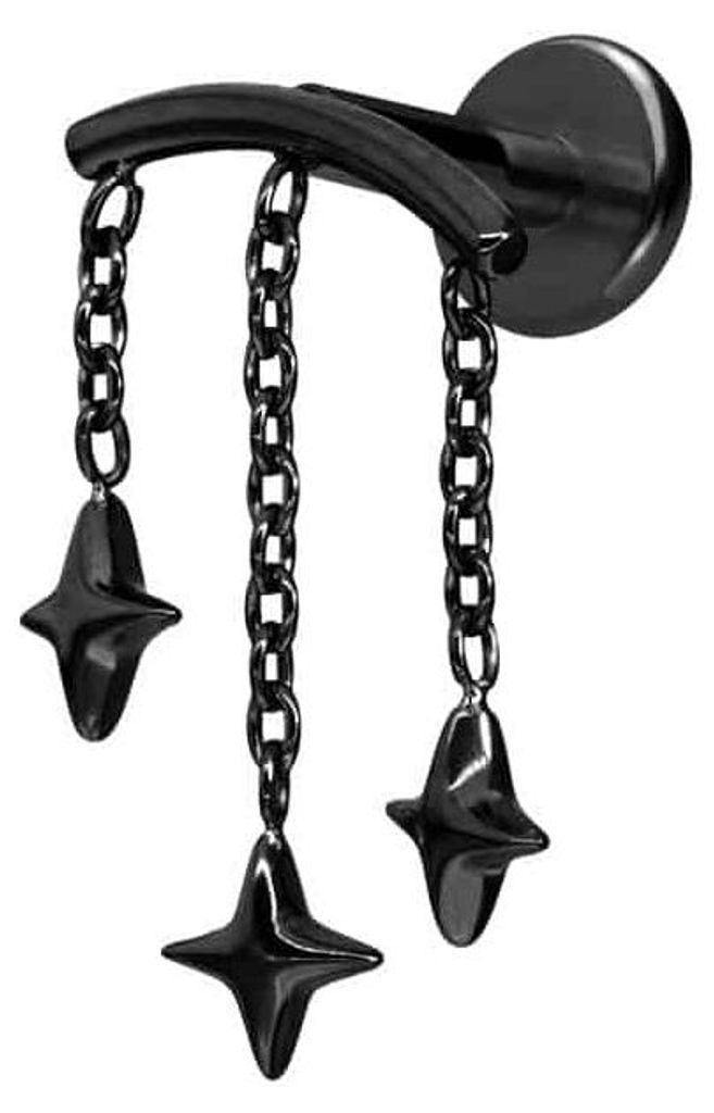 Ohrpiercing, Nasenpiercing Titan Labret mit Innengewinde BOGEN + 3 STERNE Schwarz Stablänge: 8mm | Stabstärke: 1,6mm