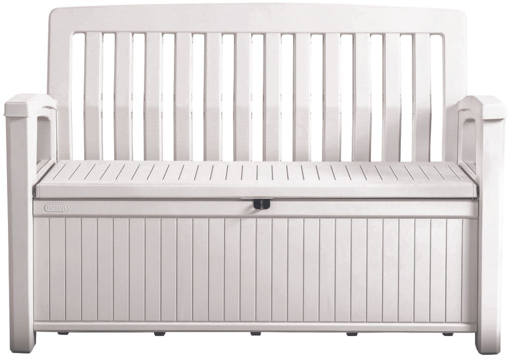 A white outdoor storage bench is shown against a white background.