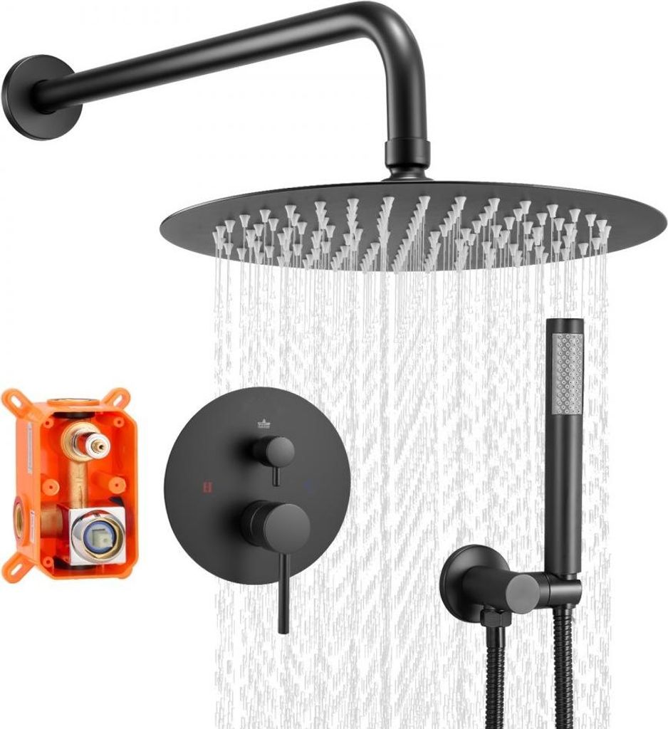 Duscharmaturen Set mit 254mm rundem Regenduschkopf Mattschwarz - Duschsystem Komplettset