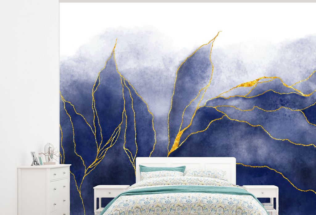MuchoWow Fototapete für Wohnzimmer oder Schlafzimmer Wandtapete Vinyl Motivtapete Marmor - Blau - Marmoroptik - Gold - Textur - 300x240 cm - Fot...