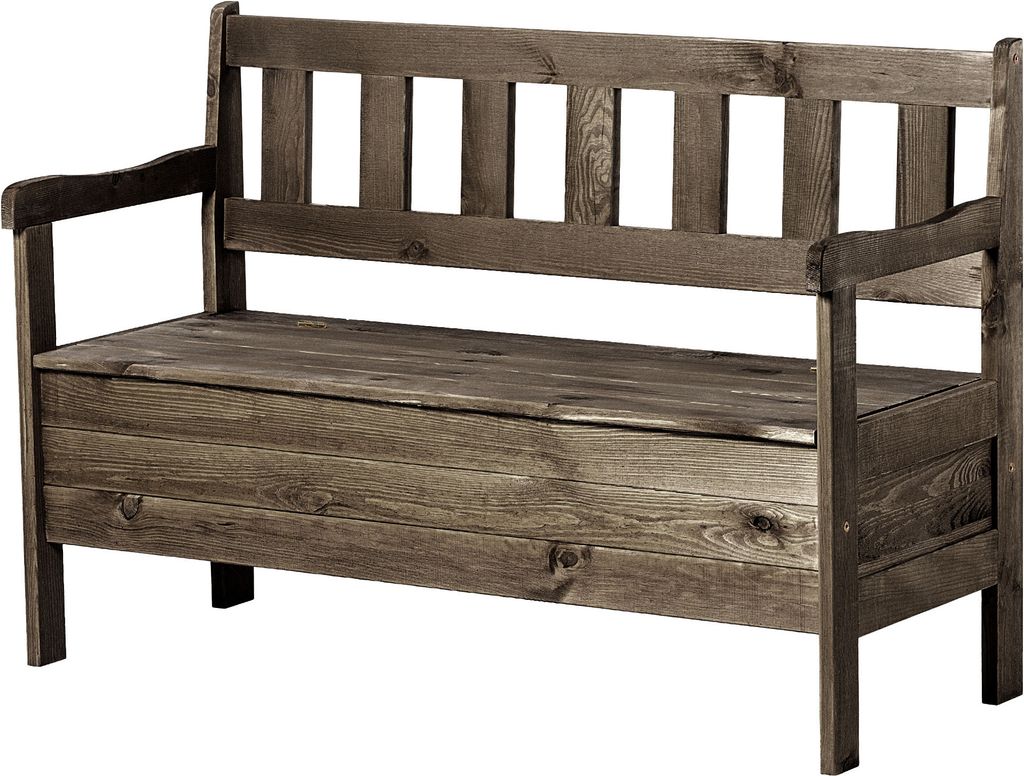 A wooden storage bench with a slatted backrest and armrests, shown against a white background.